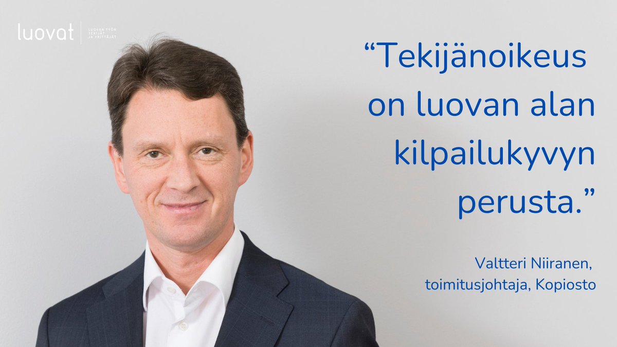 “Luovan talouden perustana toimiva vahva tekijänoikeussuoja on EU:n merkittävä kilpailutekijä”, kirjoittaa <a href="/niirava/">Valtteri Niiranen</a>, Kopioston toimitusjohtaja. ➡️Lue lisää luovat.org/ajankohtaista/… 
#tekijänoikeus #euvaalit2024 #luovatalat