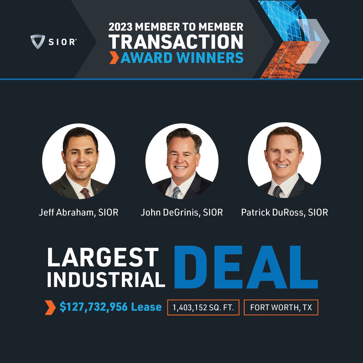 We announced the 2023 Transaction Award Winners at #SIORSpring24 - & we're beyond thrilled to congratulate them again! For the largest industrial deal: congrats to Jeff Abraham, SIOR; John DeGrinis, SIOR; & Patrick DuRoss, SIOR, for a $127.7M lease in TX! hubs.ly/Q02wR2cy0