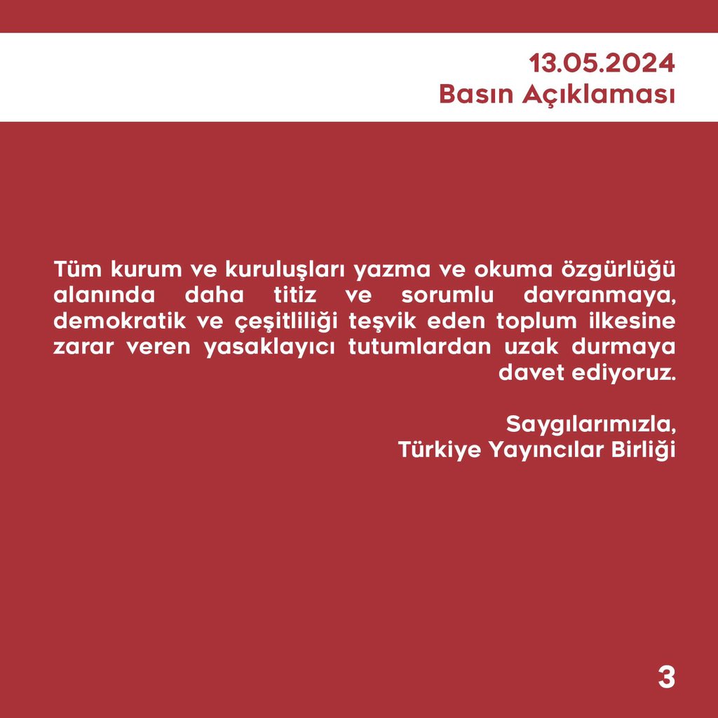 Tüm kurum ve kuruluşları yazma ve okuma özgürlüğü alanında daha titiz ve sorumlu davranmaya, demokratik ve çeşitliliği teşvik eden toplum ilkesine zarar veren yasaklayıcı tutumlardan uzak durmaya davet ediyoruz. #kitabımadokunma