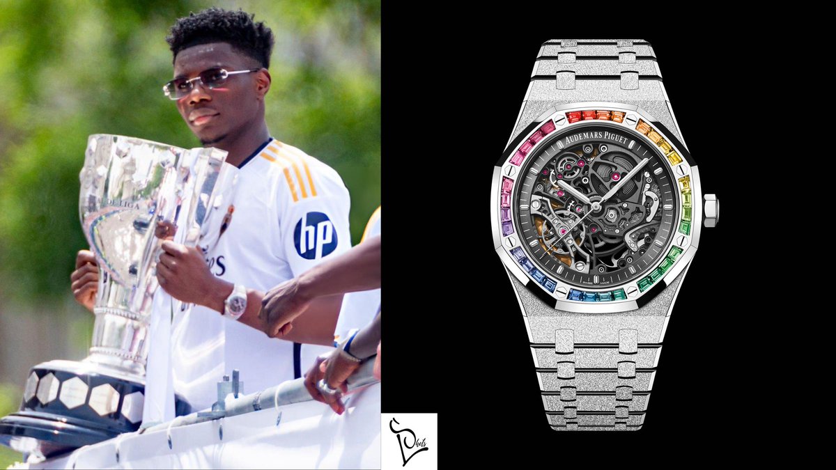 #aurelientchouameni of @realmadrid celebrated their #LaLiga win wearing an #AudemarsPiguet Double Balance Wheel Openworked ‘Rainbow’ 15412BC.YG.1224BC.03 in 18k frosted white gold set with 12 different types of multi-coloured gem-stones. Market Price : $600k #RealMadrid