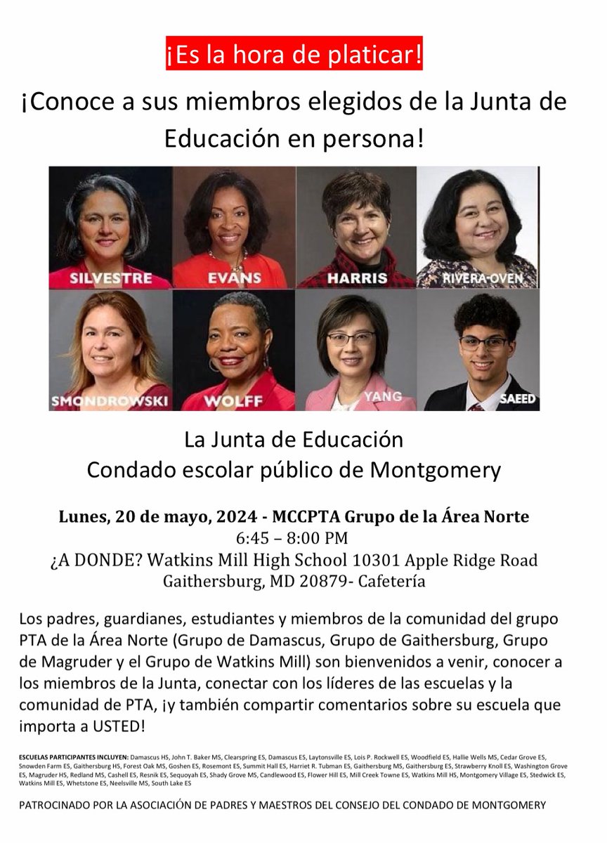 NEW TIME
Please share with your PTA Board and/or Parents. Any questions please
contact Cluster Coordinator Norm Gordon 
ngordon0522@gmail.com
<a href="/MVMSPrincipal/">Roy Liburd</a> <a href="/NMS_principal/">Barbara Escobar</a>
<a href="/WatkinsMillES/">Brooke Simon</a> <a href="/Whetstone_ES/">Whetstone ES</a> <a href="/SouthLakeES/">SouthLakeES</a> <a href="/StedwickStars/">Stedwick ES</a>
<a href="/PrincipalDWA/">David W. Adams,</a>  <a href="/VCNajera/">Vilma Nájera, Principal</a> <a href="/480Cares/">480Club</a>