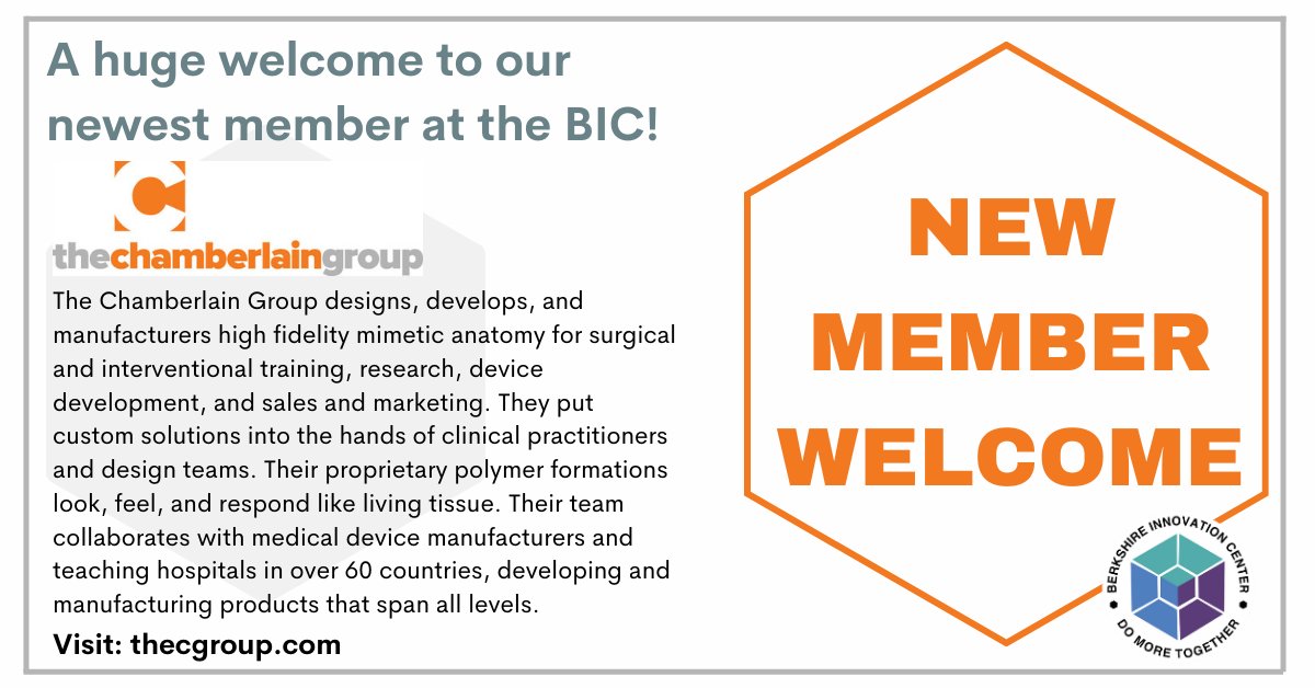 BerkInnovation's tweet photo. We're excited to welcome another new member company to the BIC family...The Chamberlain Group!

https://t.co/B02gcIh72D

#medicaldevicemanufacturing
#mimeticanatomy
#intheberkshires https://t.co/PRIdPkxbQG