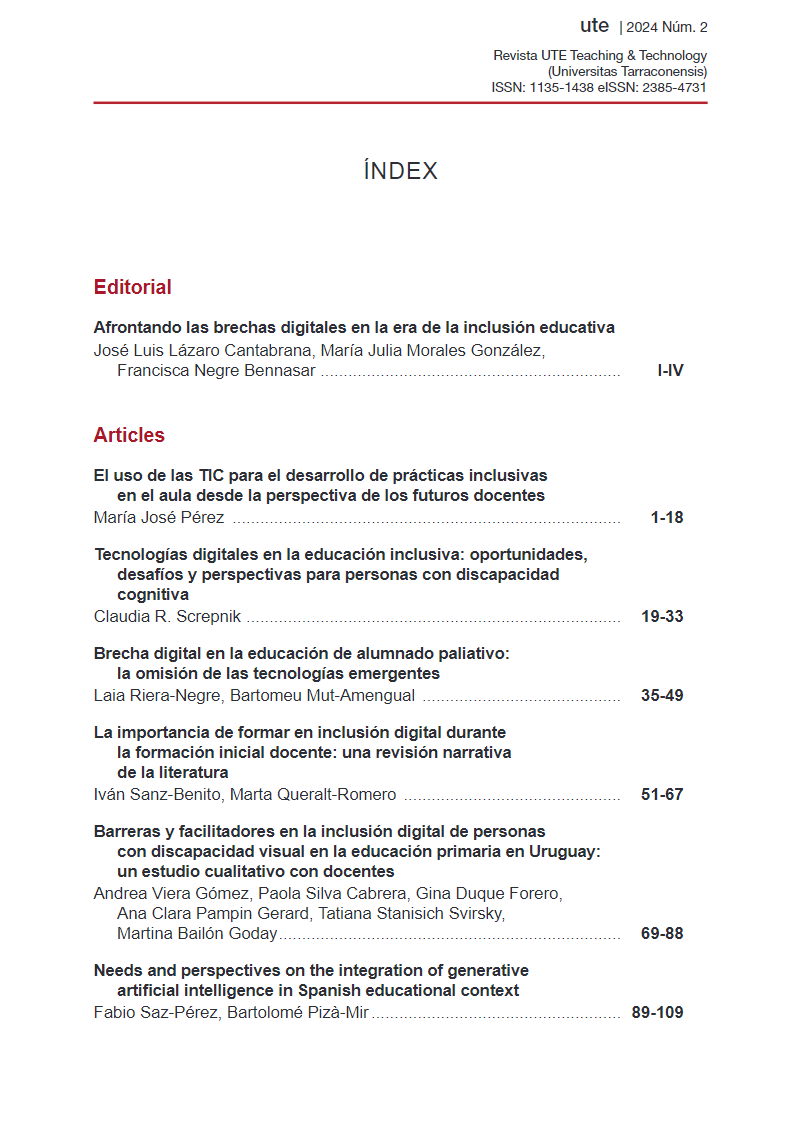 Ja pots llegir el monogràfic de la #RevistaUTE: "Inclusió digital i bretxes digitals", editorial de José Luis Lázaro, María Julia Morales i Francisca Negre 
🔗 revistes.urv.cat/index.php/ute/… 

#inclusion #educación #brechas #TIC #DiscapacidadCognitiva #FormaciónInicial #IA