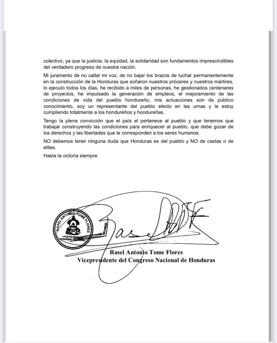 Tengo la plena convicción que el país le pertenece al pueblo hondureño.

NO es de castas o de élites.

Todos los días ejecuto mi juramento de NO callar nuestra voz NO bajar nuestros brazos en la construcción de la Honduras que soñaron nuestros próceres y nuestros mártires.

Es