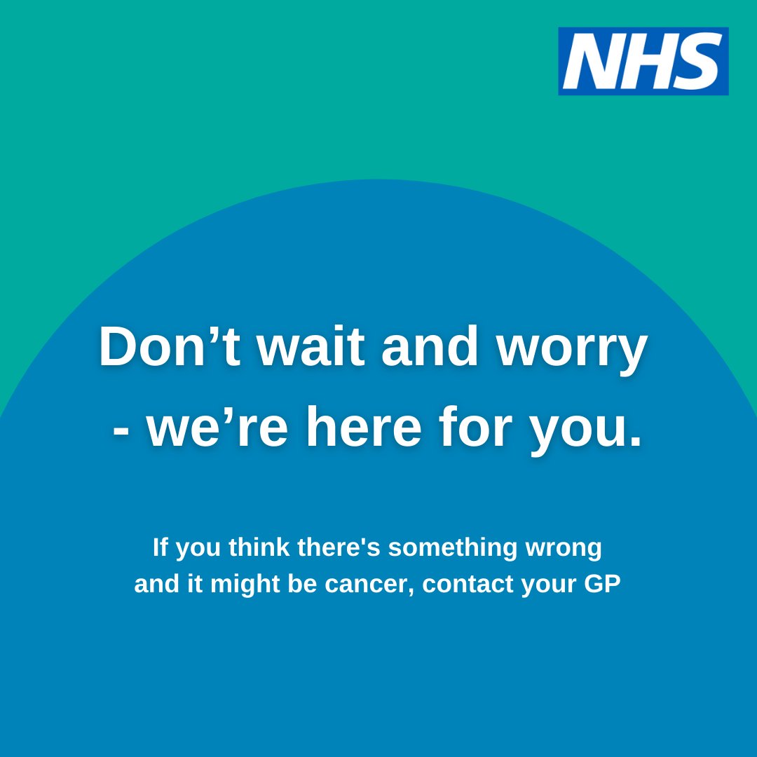 Worried about a symptom? Think it might be cancer?

Don't wait - please speak to your doctor. 

In 9/10 cases, cancer is ruled out after tests and could put your mind at rest. 

#Cancerawareness