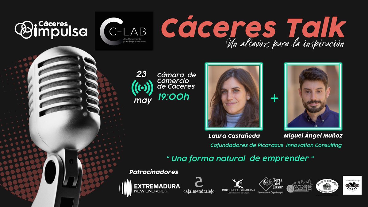 🚀¿A que nos ha quedado bonito el cartel del próximo CÁCERES TALK? Más aún teniendo a @picarazus como protas y a patrocinadores @EXNewEnergies, Cajalmendralejo, @Ribera_Guadiana, @tortacasar, @casaalonso, Carnincería Chanfi y Almacenes Norba. ¿Te vienes? caceresimpulsa.com/caceres-talk/