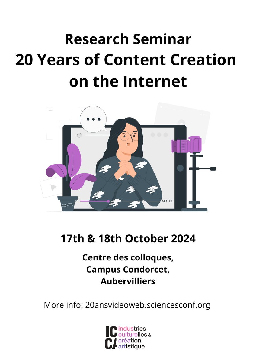[Call for communications] 🔊
With my colleagues, we are happy to announce a research seminar on online content creation! It will take place on 17th and 18th October in Paris and online.

You can submit your proposal on the dedicated website for the event: 20ansvideoweb.sciencesconf.org