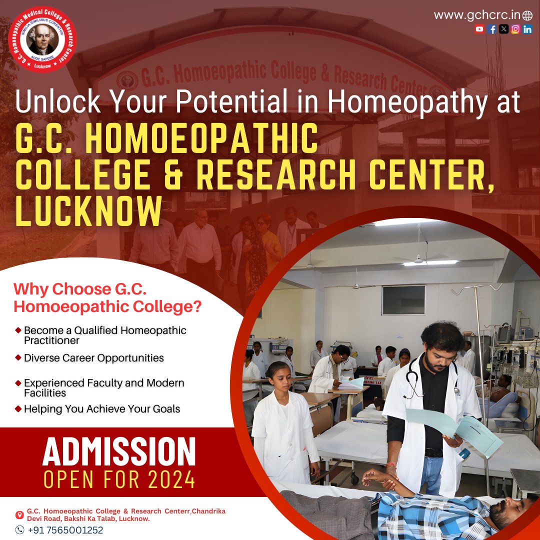 Unlock Your Potential in Homeopathy at G.C. Homoeopathic College & Research Center, Lucknow! 

#HolisticHealing #NaturalMedicine #HomeopathyEducation #LucknowEducation #CareerInHomeopathy #BHMSDegree #HomeopathicDoctor #PharmacistCareer #ResearchOpportunities