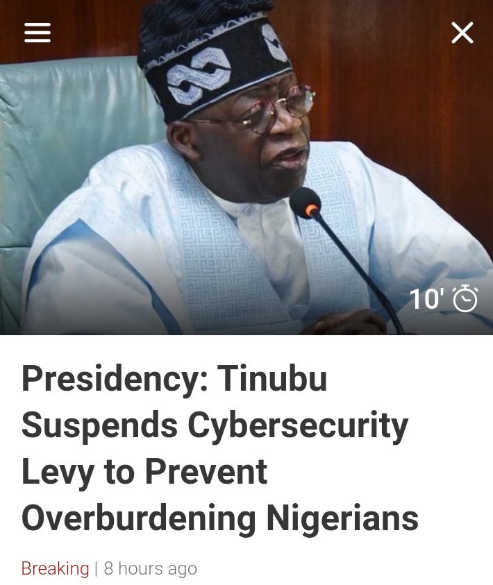 Breaking News: Woye kick's as FG not Tinubu suspends cyber security levy.

Aloota ✊✊✊