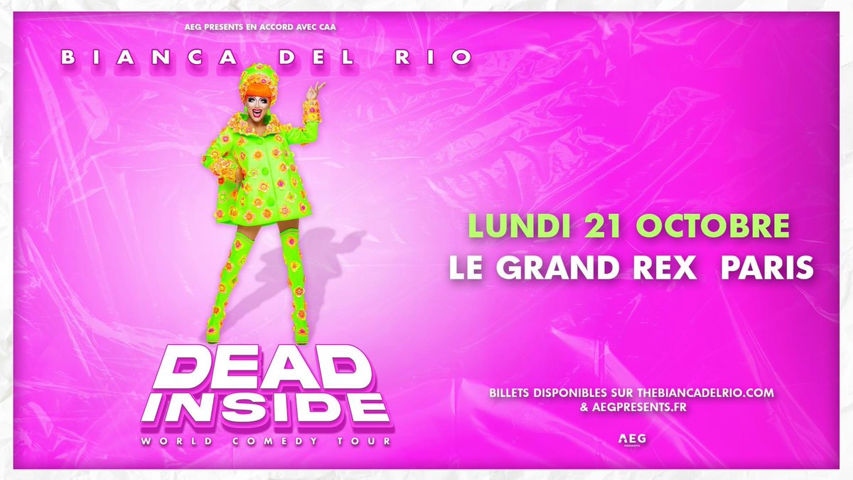 Le 21 Octobre, Bianca Del Rio débarque au #GrandRex prête à vous faire mourir de rire avec son spectacle « Dead Inside ». 

Féroce, drôle et fabuleuse, elle a consolidé sa place dans le Hall of Fame de la culture pop depuis sa participation à la saison 6 de RuPaul’s #DragRace.