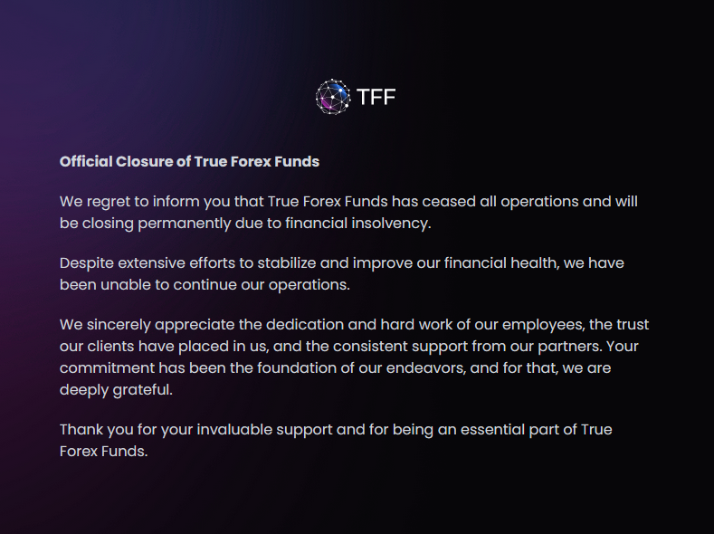 True Forex Funds Shuts Down - Insolvency