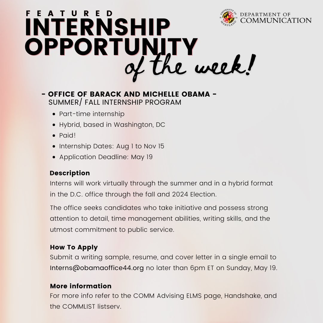 Internship opportunity of the week! 

Log in to Handshake to apply: go.umd.edu/obamainternshi…

See this and other opportunities on the COMM Advising ELMS page.

Disclaimer:  Posting an opportunity does not constitute an employer endorsement by UMD.