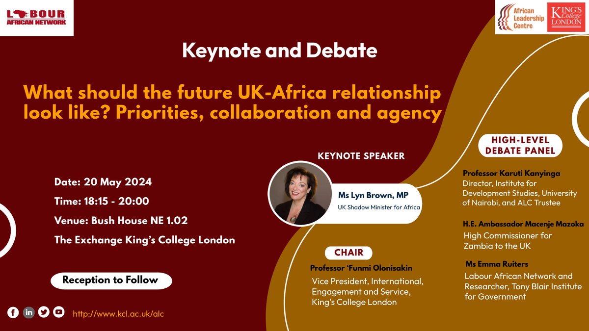 EVENT📢📢 Join @ALC_KCL for a timely Keynote and Debate on 'Future UK-Africa Relations: Priorities, Collaboration, and Agency' in collaboration with @Labour_african. 🗓️20 May 2024 🕒18:15 GMT 📍Bush House NE 1.02 The Exchange, King's College London 🔗 shorturl.at/crwL5