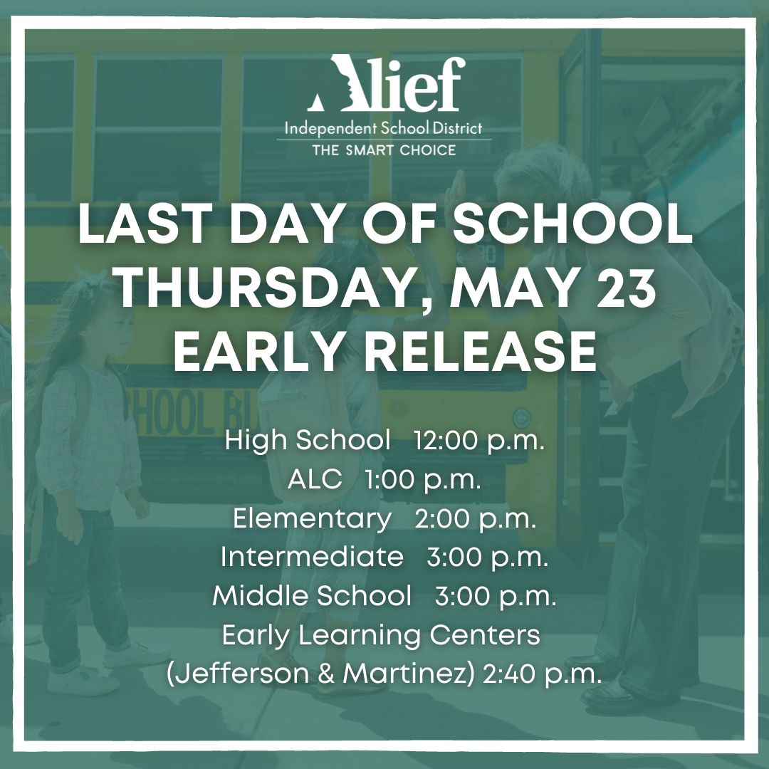 Thursday, May 23 is the last day of school for students. There will be early dismissal for all students. The First Day of Summer School is June 3, 2024. Contact your child’s campus for more information about registration.