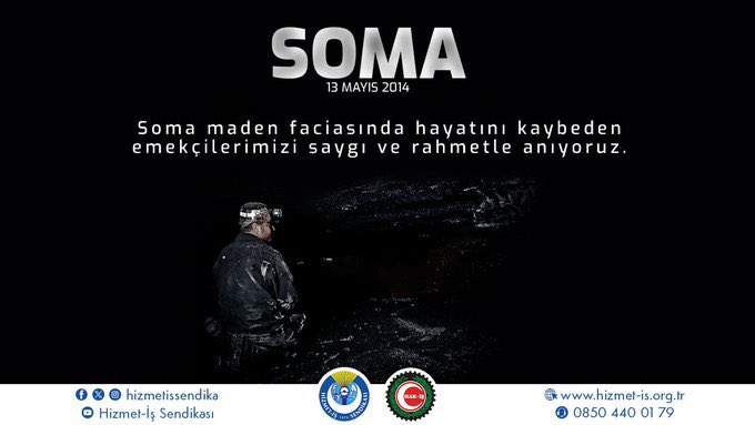 10 yıl önce bugün Manisa #Soma 'da meydana gelen maden faciasının yıl dönümünde hayatını kaybeden 301 madencimize Allah'tan rahmet, yakınlarına sabır diliyoruz.