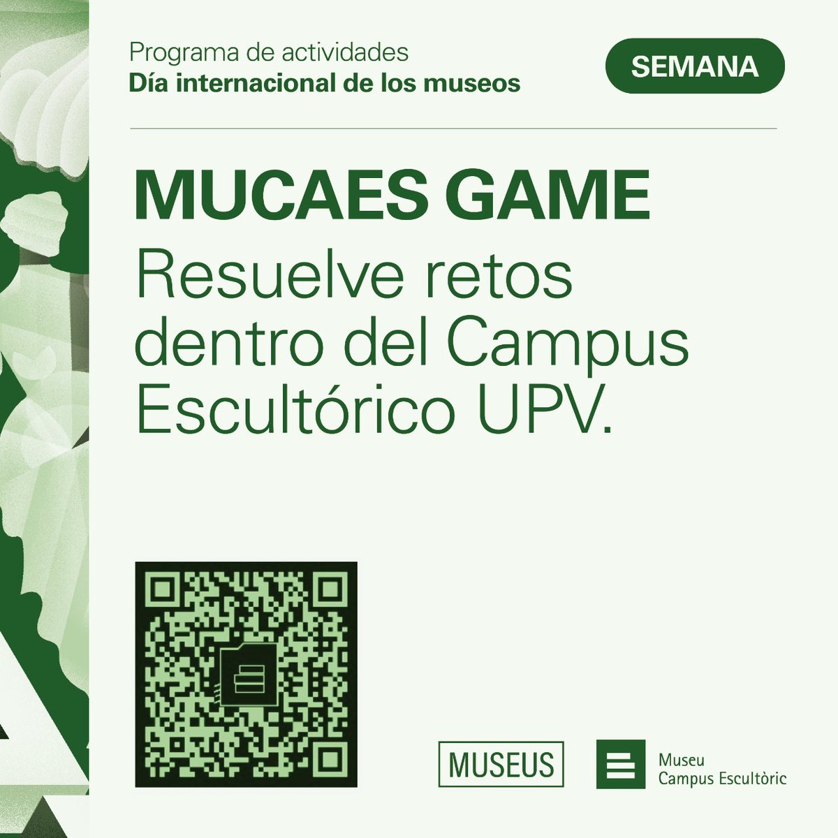 🎮 MUCAES GAME: resuelve puzles en el Museo del Campus Escultórico UPV.
🏛️ Descubre esta divertida forma de explorar el patrimonio escultórico del campus.
Recoge tu premio en el Área de Fondo de Arte y Patrimonio (Edificio 3A, Planta baja) del 20-24 mayo.
#CulturaUPV #MuseusUPV