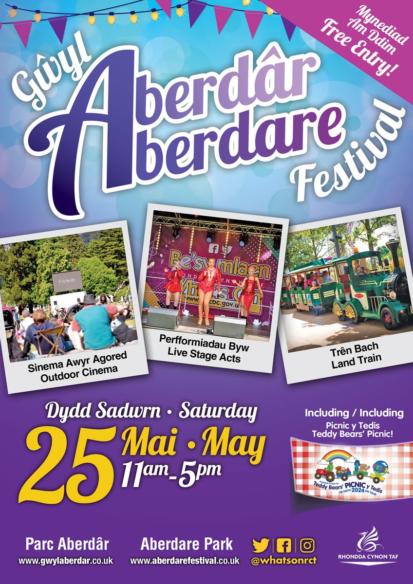 Don’t forget Teddy Bears’ Picnic is also taking place at Aberdare Festival in Aberdare Park on 25th May! This popular event for the under 5s has lots of info for parents and carers – and fun, free activities for the kids! 👉 orlo.uk/OGHbE