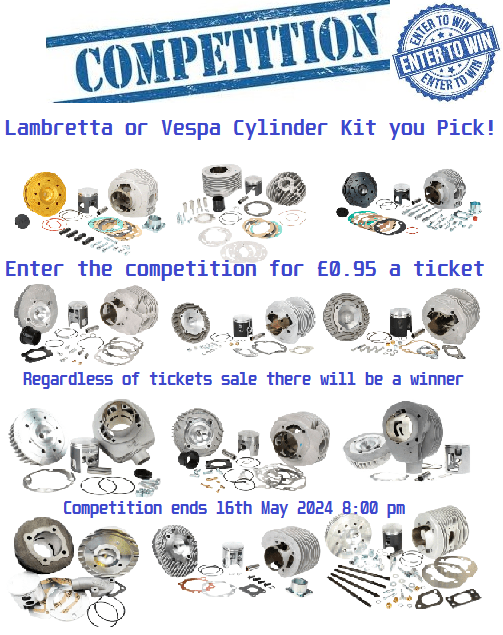 WIN ONE OF THESE – ENTER VIA LINK BELOW rafflehub.co/product-catego… Vespa PX 125 Pinasco 177cc Ron Daley Special No. 122 - £2.00 a ticket 1978 Lambretta GP 175 in Nando Grey - £2.00 a ticket Lambretta or Vespa cylinder kit you choose - £0.95 a ticket