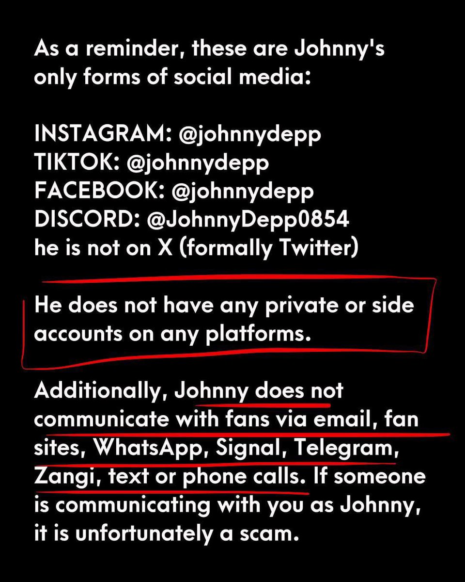 SPREAD THE WORDS! Leaving this post here as a reminder of #JohnnyDepp’s official page! 

BEWARE OF SCAMMERS! DON’T FALL FOR THEIR TRICKS! 

And always look out for the username & blue verified tick beside the username 👍🏼 (Repost from ExposingDeppScammers Facebook page) 😘❤️🙏🏼