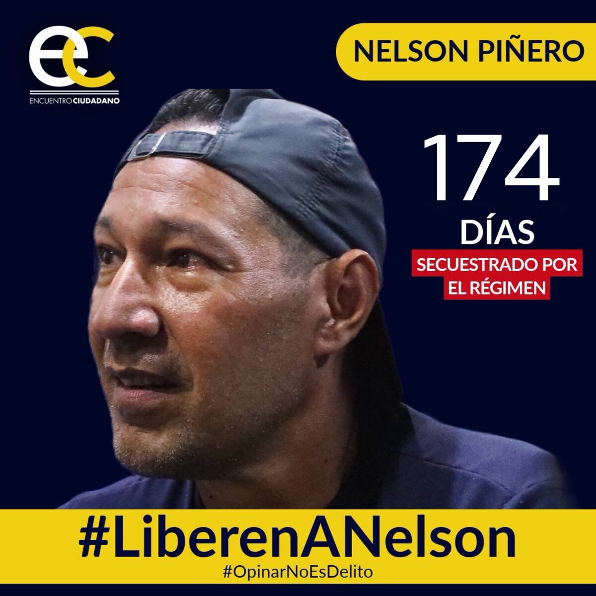 #13May | Nelson Piñero, activista de #EncuentroCiudadano, lleva 174 días secuestrado por el régimen solo por emitir sus opiniones en redes sociales. #OpinarNoEsDelito y por eso exigimos su liberación inmediata. #LiberenANelson #LiberenALosPresosPolíticos