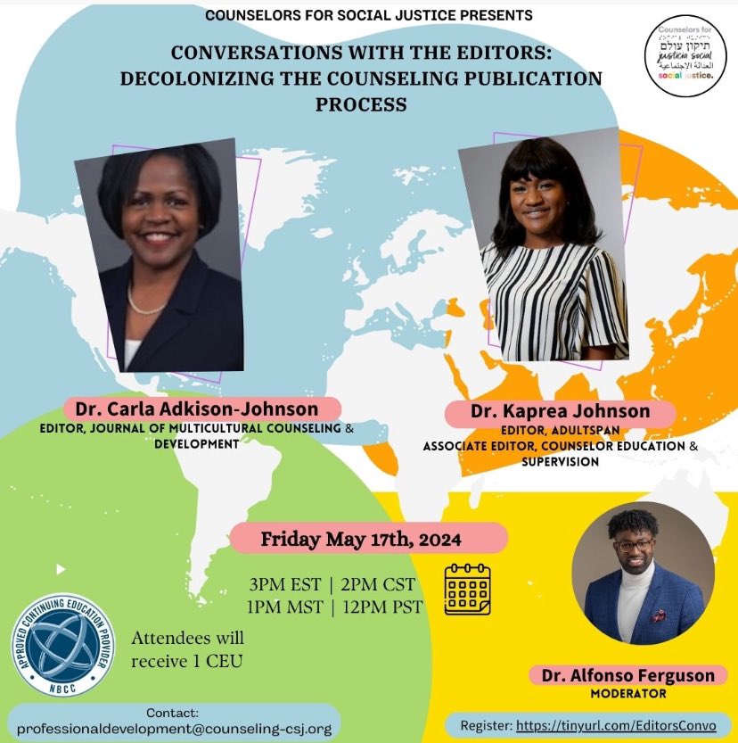 Join us May 17th at 3pm (EST) for a conversation with editors to discuss decolonizing the publication process! It’s Free and attendees receive 1 CEU! Looking forward to the conversation and seeing you there!