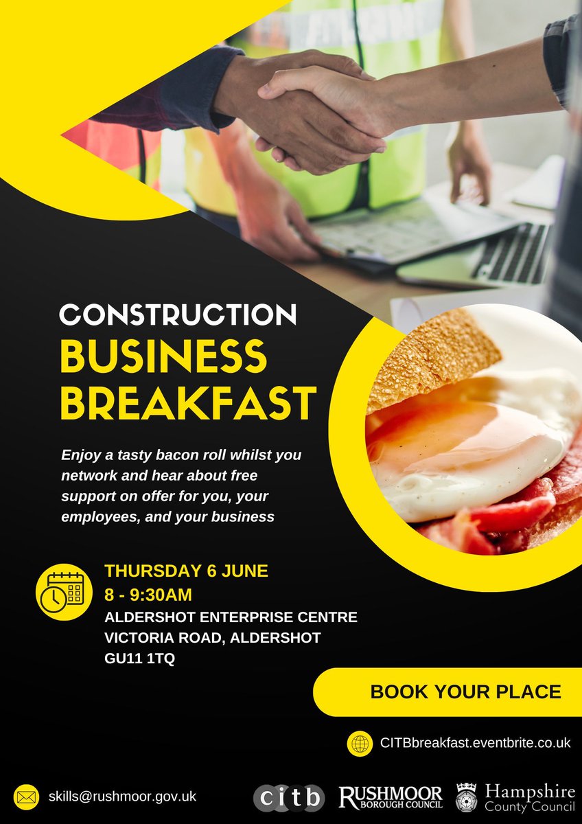 Construction Business Breakfast at AEC! 

A fantastic collab between CITB, Rushmoor Borough Council &amp; Hampshire County Council giving those in the trade a chance to meet, engage and gain support over breakfast!

Book your FREE place here; buff.ly/3UkjPDw