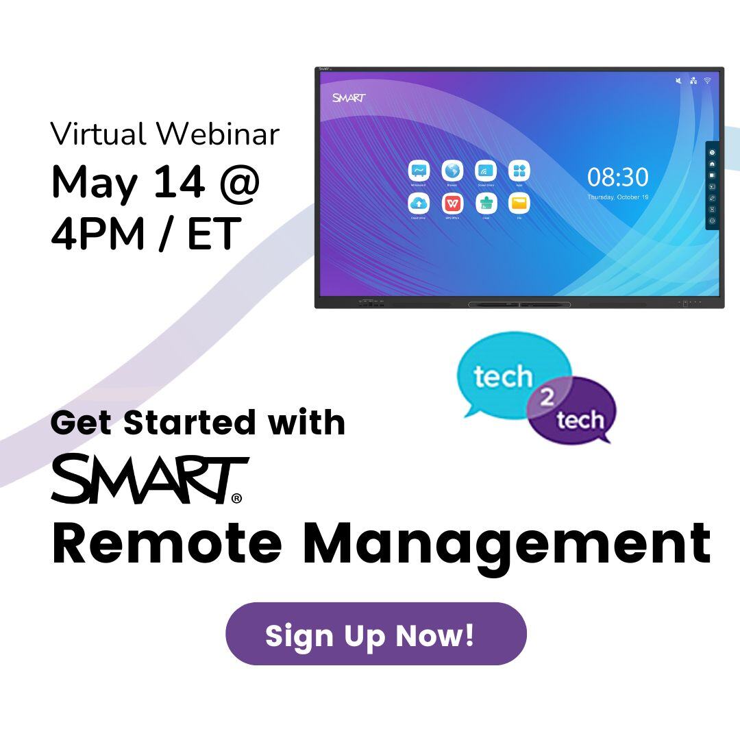 Join us tomorrow to learn the basics of SMART Remote Management (SRM). In this session, we will review the steps required in getting your SRM account setup, adding devices to the domain, and how to work with the prebuilt command set. Sign up here: bit.ly/3Wtj2Tp