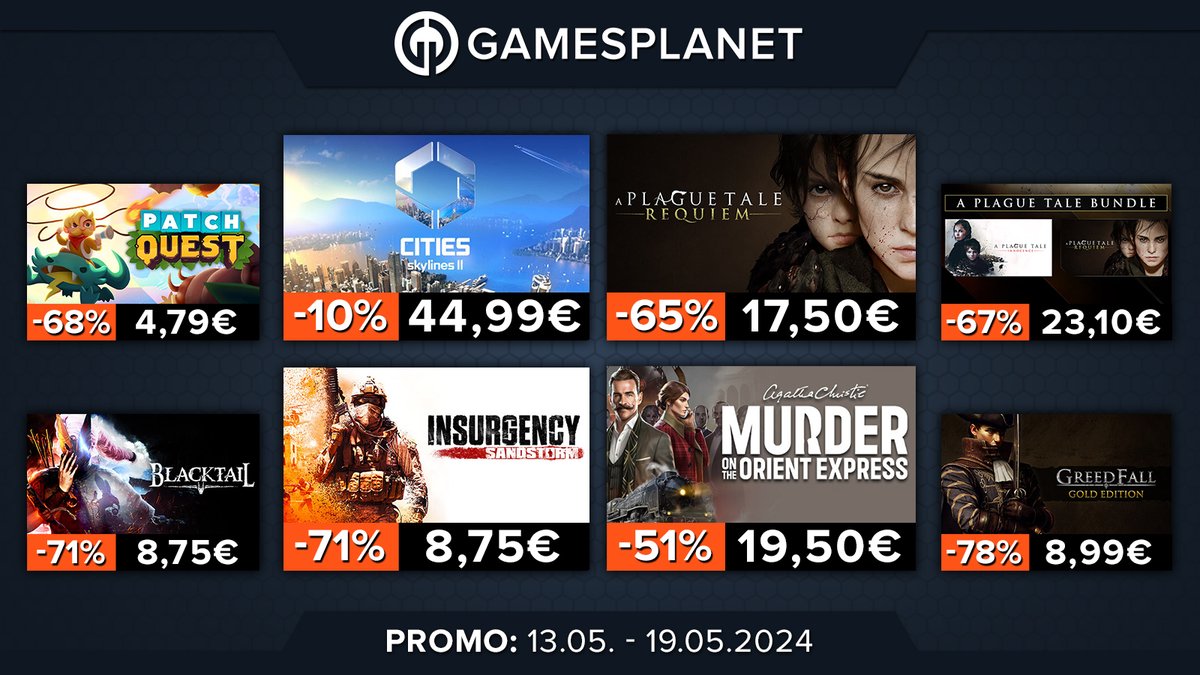 98 Weekly Deals für euch! Mit A Plague Tale und Blacktail - damit hier auch mal ein schöner Reim steht. 🔥 gamesplanet.com/games/offers/w… #citiesskylines2 #citiesskylines #agathachristie #orientexpress #greedfall