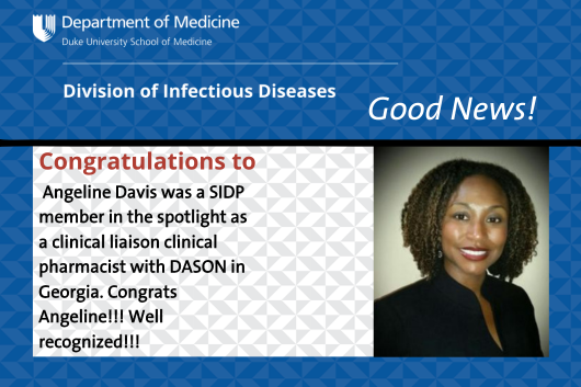 Congrats, Angeline Davis -- SIDP member in the spotlight as a clinical liaison clinical pharmacist with DASON in Georgia!
#DukeID #DukeProud #DASON