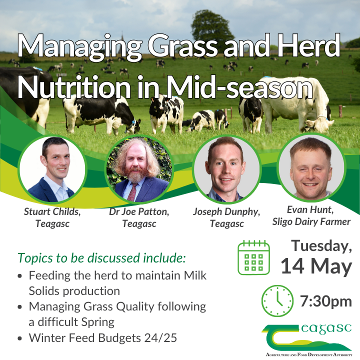 Join us online tomorrow evening, 14 May at 7:30pm for a webinar which will look at managing grass and herd nutrition in mid-season. Find out more here bit.ly/3WApxno @TeagascGrass10