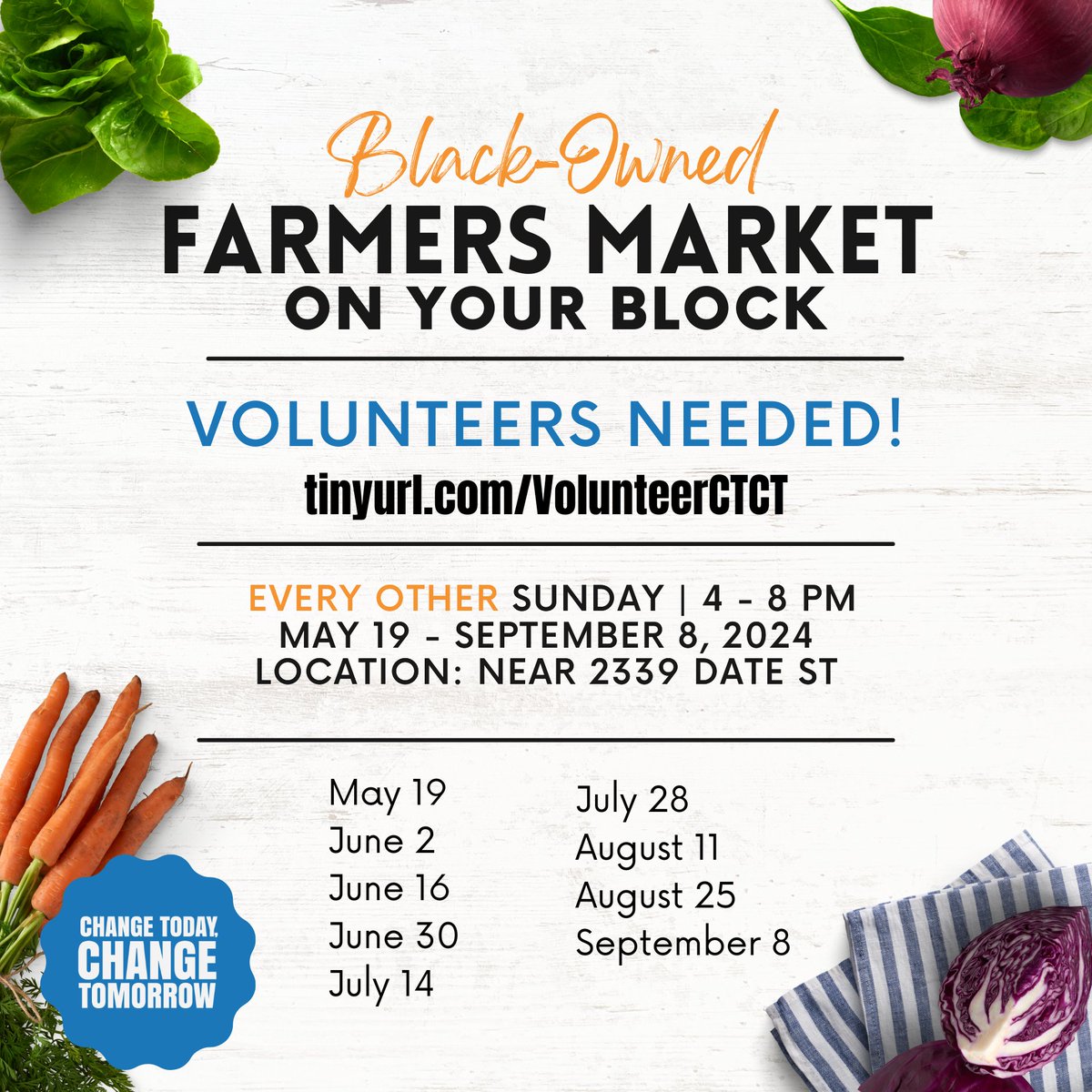 Looking for a chance to tap into your #CommUNITY?! Volunteer at the Black-Owned Farmers Market! Visit tinyurl.com/VolunteerCTCT to sign up and see more opportunities.