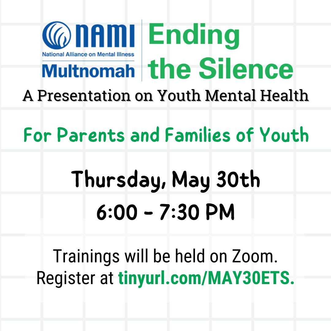 May is Mental Health Awareness Month, and we're excited to announce two upcoming presentations on youth mental health! One presentation will be open to all high-school-age youth in the community, and the other presentation will be for parents and family members of youth.