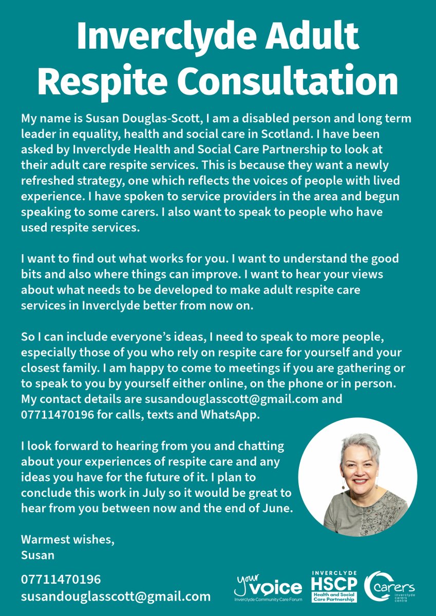Susan Douglas-Scott has been commissioned to investigate Adult Respite Services within Inverclyde. Do you have experience with this, or know someone who does? 🙂

Please get in touch with Susan:
07711470196
susandouglasscott@gmail.com

#respite #adultrespite #InverclydeCares