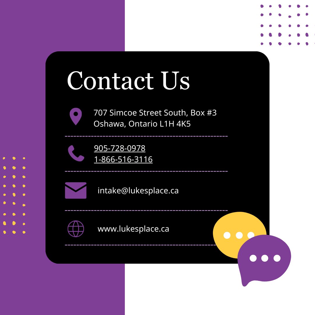 Looking to connect with Luke's Place? Our Oshawa office offers in-person services by appointment. Call/email to learn more or book: 📍707 Simcoe Street South, Box #3 | Oshawa, Ontario L1H 4K5 📱905-728-0978 | 1-866-516-3116 ✉️ intake@lukesplace.ca 🌐 lukesplace.ca