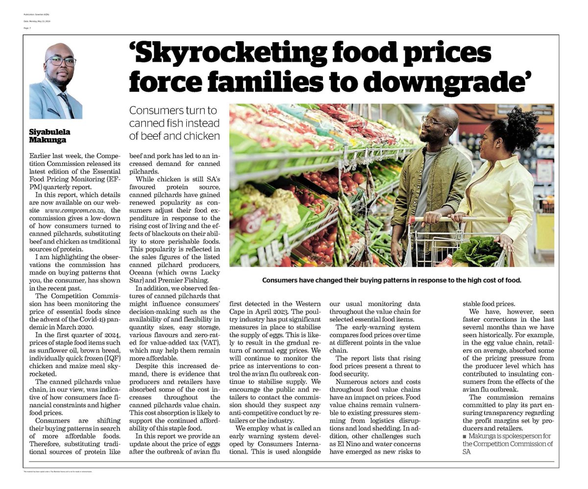 While chicken is still SA’s favoured protein source, canned pilchards have gained popularity as consumers respond to rising living costs. Spokesperson @Ciamakunga unpacks this & other Essential Food Pricing Monitoring Report observations in @SowetanLIVE. Read more 👇🏿