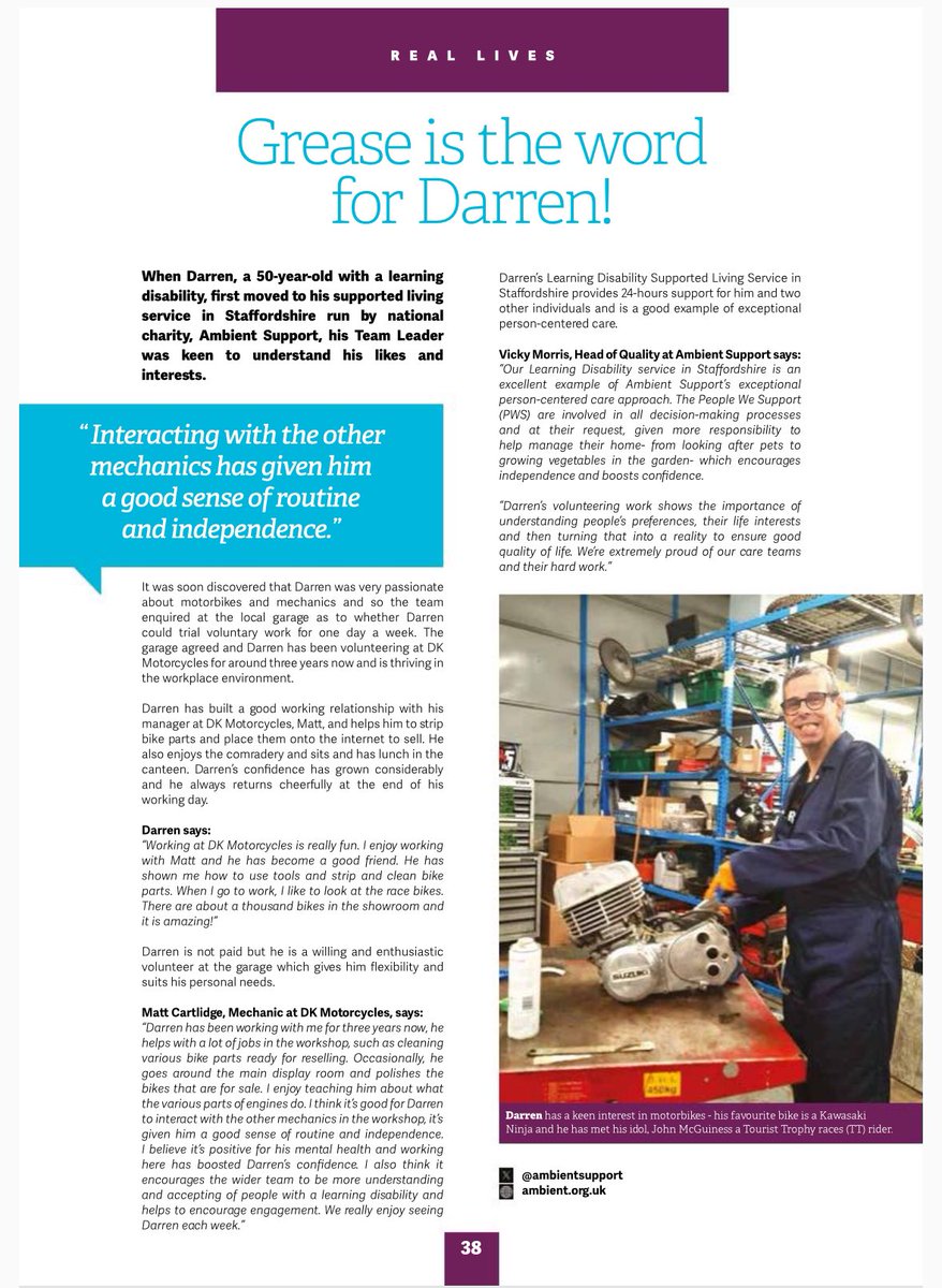 In this issue: 𝐆𝐫𝐞𝐚𝐬𝐞 𝐢𝐬 𝐭𝐡𝐞 𝐰𝐨𝐫𝐝 𝐟𝐨𝐫 𝐃𝐚𝐫𝐫𝐞𝐧! Meet Darren who draws on services delivered by @ambientsupport & was supported to be able to fulfil his passion for mechanics bit.ly/2BdO22j PG 38 #ThankYouSocialCare