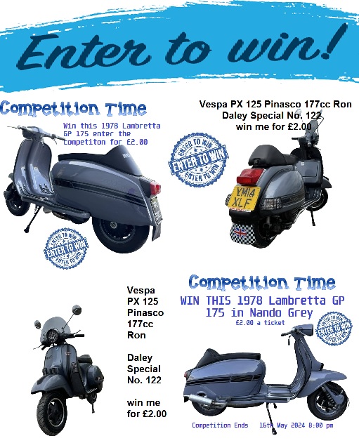 WIN ONE OF THESE – ENTER VIA LINK BELOW rafflehub.co/product-catego… Vespa PX 125 Pinasco 177cc Ron Daley Special No. 122 - £2.00 a ticket 1978 Lambretta GP 175 in Nando Grey - £2.00 a ticket Lambretta or Vespa cylinder kit you choose - £0.95 a ticket