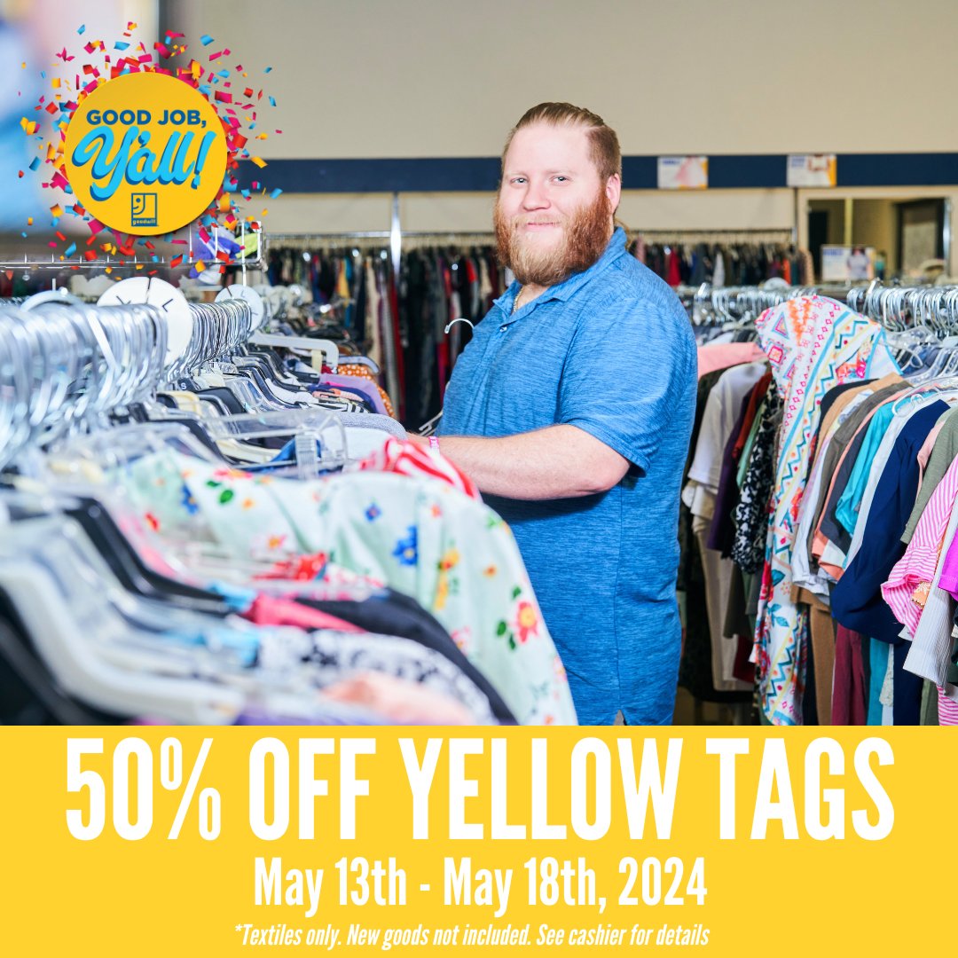 Get 50% off all yellow-tagged items through May 18th! Find a store near you, visit goodwillnorthcentraltexas.org/find-a-store #thrift #GoodDeals #discounts #GoodwillWeek