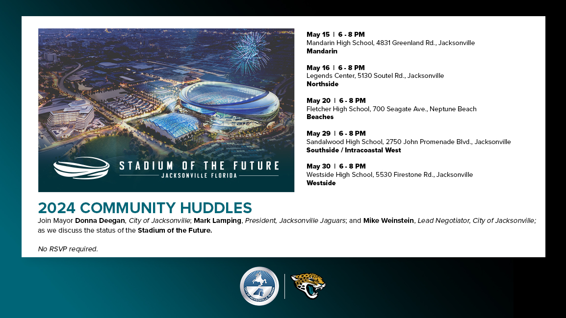 Learn more about the latest developments of the Stadium of the Future at the Community Huddles taking place around Jacksonville!