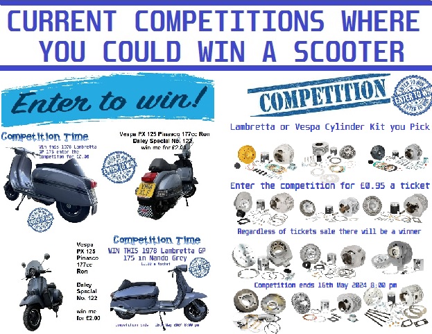 WIN ONE OF THESE – ENTER VIA LINK BELOW rafflehub.co/product-catego… Vespa PX 125 Pinasco 177cc Ron Daley Special No. 122 - £2.00 a ticket 1978 Lambretta GP 175 in Nando Grey - £2.00 a ticket Lambretta or Vespa cylinder kit you choose - £0.95 a ticket