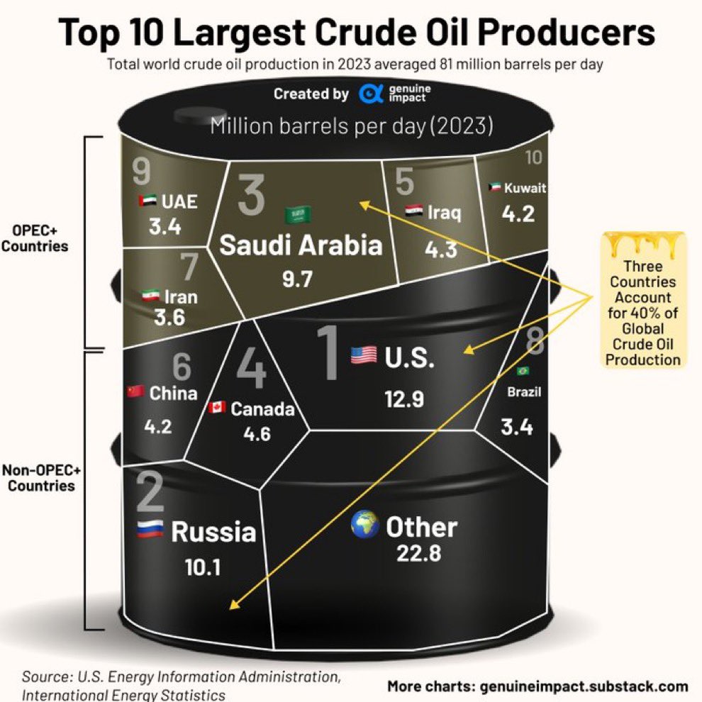 ⚡️🛢️The US🇺🇸 is the world's largest crude oil producer. Followed by Russia🇷🇺, then Saudi Arabia🇸🇦 taking the 3️⃣rd spot الولايات المتحدة🇺🇸 هي أكبر منتج للنفط الخام في العالم. تليها روسيا🇷🇺، ثم المملكة العربية السعودية🇸🇦 التي تحتل المركز الثالث 👉 by/@genuine_impact #oil…
