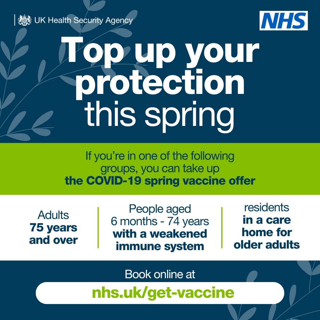 Data we released last week showed COVID cases on the rise 📈

Eligible people can book their spring #COVID19 vaccine online or via the NHS App 📱

Find out more and book at: nhs.uk/conditions/cov…
1/3