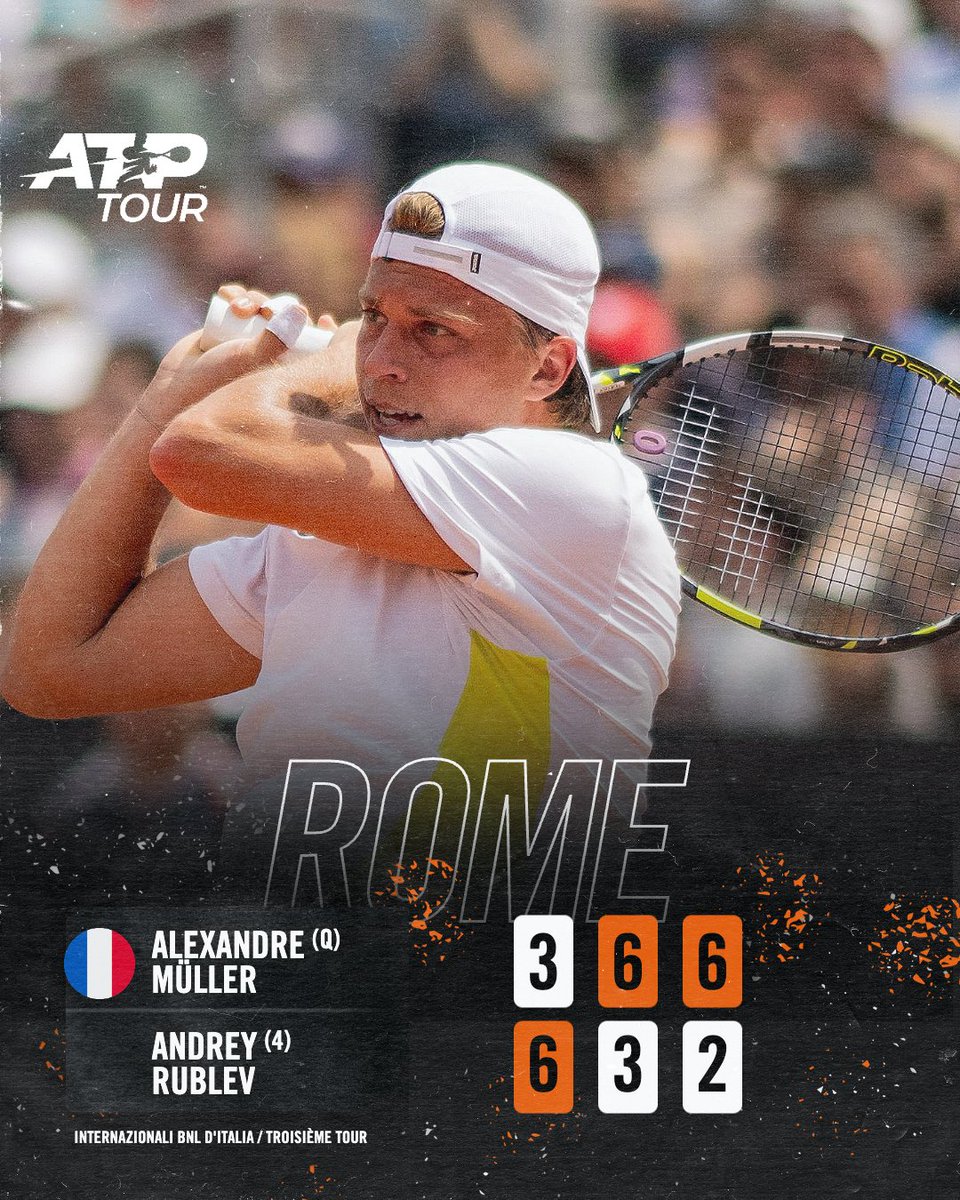 ÉNORMEEE ALEX MÜLLER QUI SORT RUBLEV ! Mené une manche à rien, Alexandre Müller renverse complètement la situation et s'offre la plus belle victoire de sa carrière en battant Andrey Rublev, récemment titré au Masters 1000 de Madrid 🤯 #IBI24