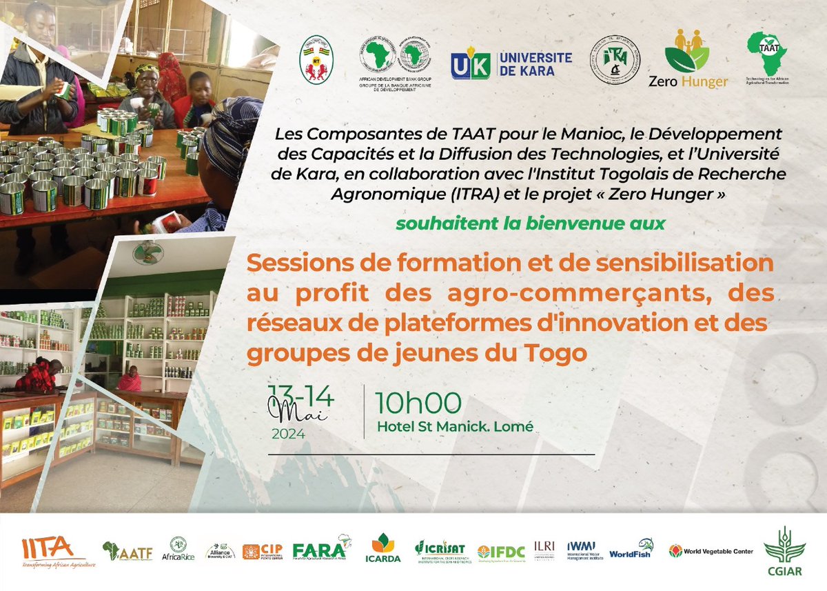 Today & tomorrow, #TAATinTogo has launched a 2-day specialized training & awareness session tailored for #agrotraders, #InnovationPlatform networks, and #youth groups in #Lome, #Togo! #Training #CassavaMatters #KnowledgeTransfer #EngageTAAT #FeedAfrica @IITA_CGIAR, @FARAinfo