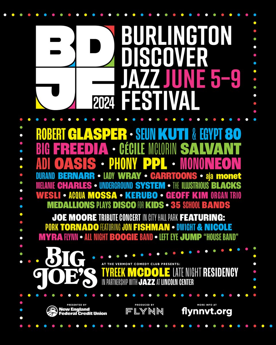 Only 3 WEEKS until opening night of the 2024 BURLINGTON DISCOVER JAZZ FESTIVAL.
Tix are on sale for the 6/5 CECILE MCLORIN SALVANT with MELANIE CHARLES &amp; the 6/9 by ROBERT GLASPER with aja monet at the Flynn. For more information go to flynnvt.org/bdjf-2024