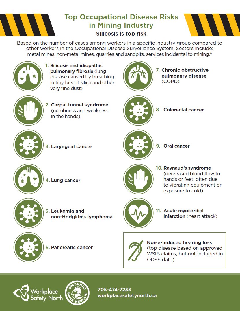 TOP occupational disease risks in Ontario mining sector; research monitors disease outcomes for more than two million Ontario workers: bit.ly/49mDubN #WorkplaceSafety #Mining #Forestry #OccupationalDisease #Cancer #HearingLoss #Disease #ForestProducts #HealthAndSafety