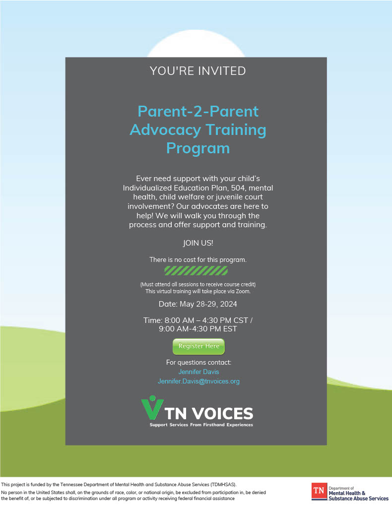 Join @TNVoices on May 28th and 29th from 8:30 AM - 4:30 PM CST to learn more about advocating for children with mental health disorders - whether for personal or professional reasons. #training #continuingeducation #TeamTCCN