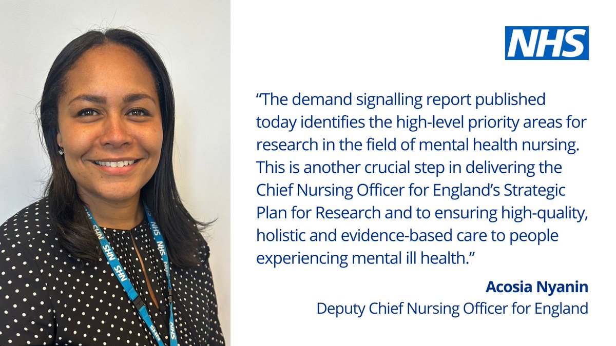 Working together with clinicians, academics, policy experts, patient and public representatives, and people with lived experience, @NHSEngland has published the research demand signalling: mental health nursing report. #teamCNO. 👉 england.nhs.uk/long-read/rese…