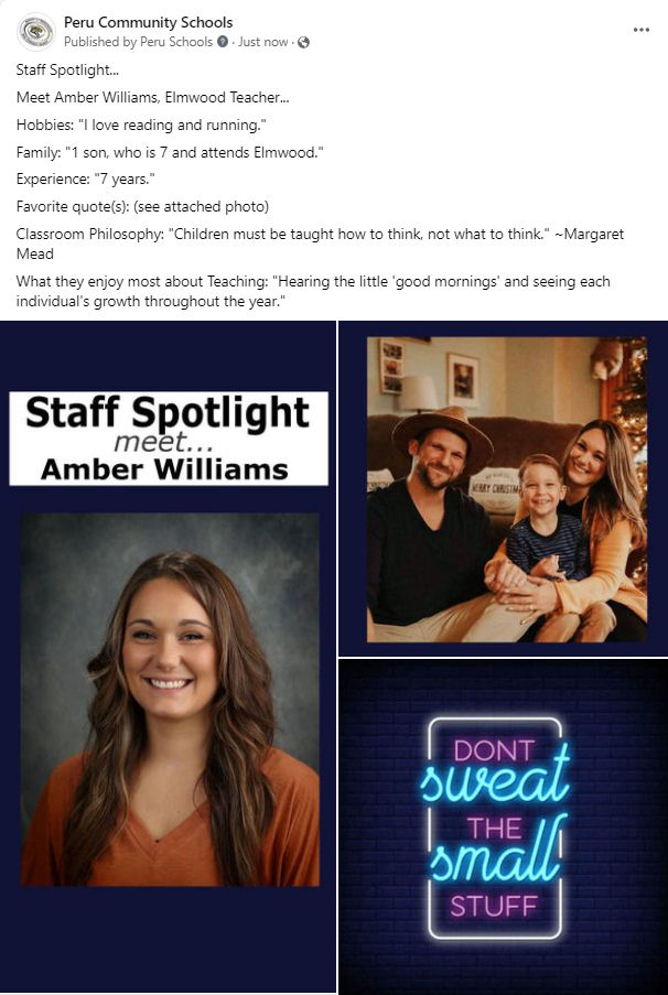 Staff Spotlight...

Meet Amber Williams, Elmwood Teacher...
Full Story: facebook.com/PeruSchools/po…