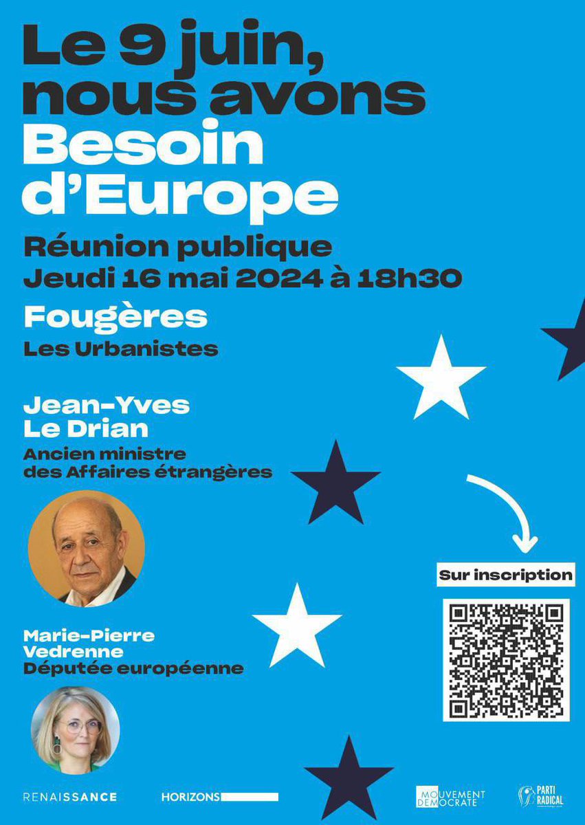 ✅Réunion publique @BesoindEurope , à Fougères (35) 🇪🇺 🗓️Jeudi 16 mai ⏱️à 18h30 Rejoignez nous pour échanger avec @JY_LeDrian et @MariePierreV 🔗 Inscription obligatoire ⬇️ bit.ly/44A4Wla